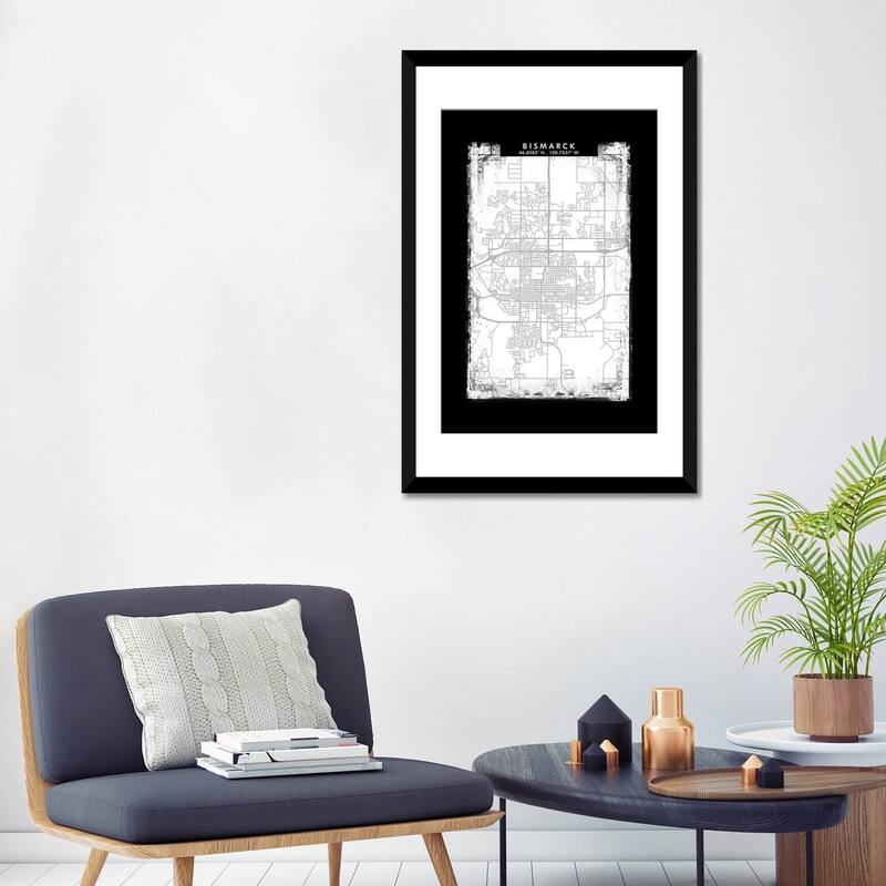 iCanvas "Bismarck, North Dakota City Map Black White Grey Style" by